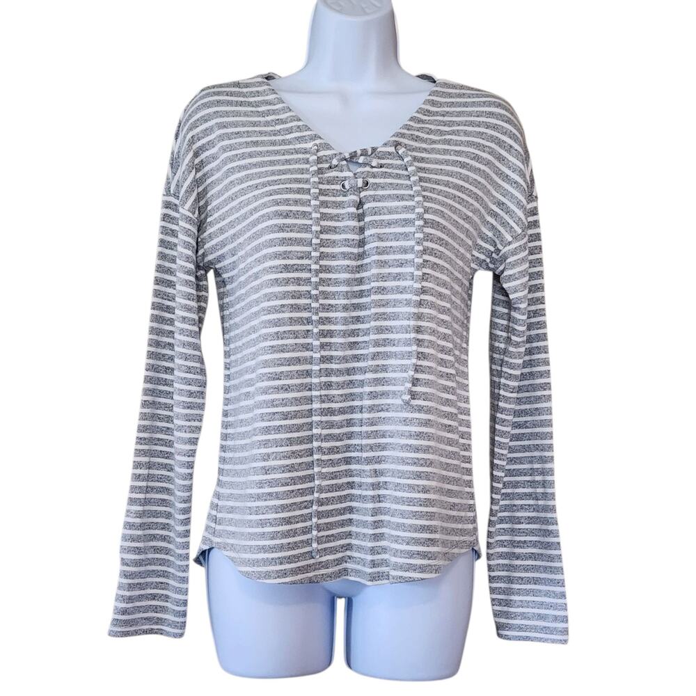 A New Day Womens Pullover Tunic Sweater Size XS Gray White Striped Lace Up Front